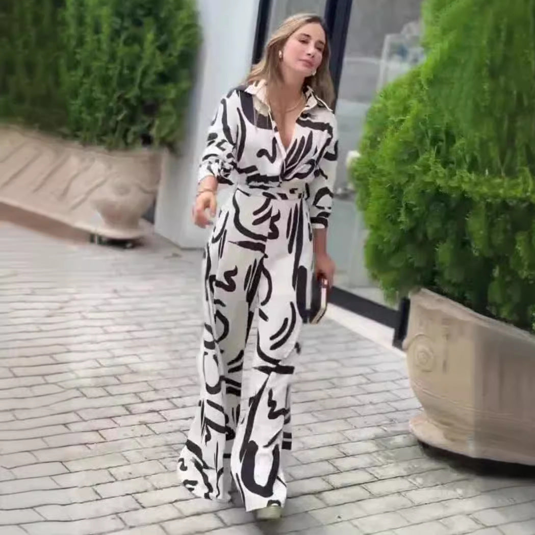 Women's High Waist One-piece Casual Floral Loose Wide-leg Pants