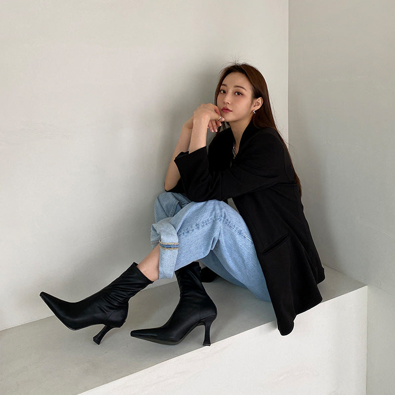 Small Square Toe Thin Boots Korean Version Was Thin Stiletto High Heels