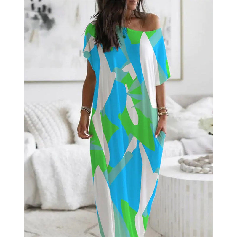 Fashion Crew Neck Short Sleeve Printed Loose Fit Dress