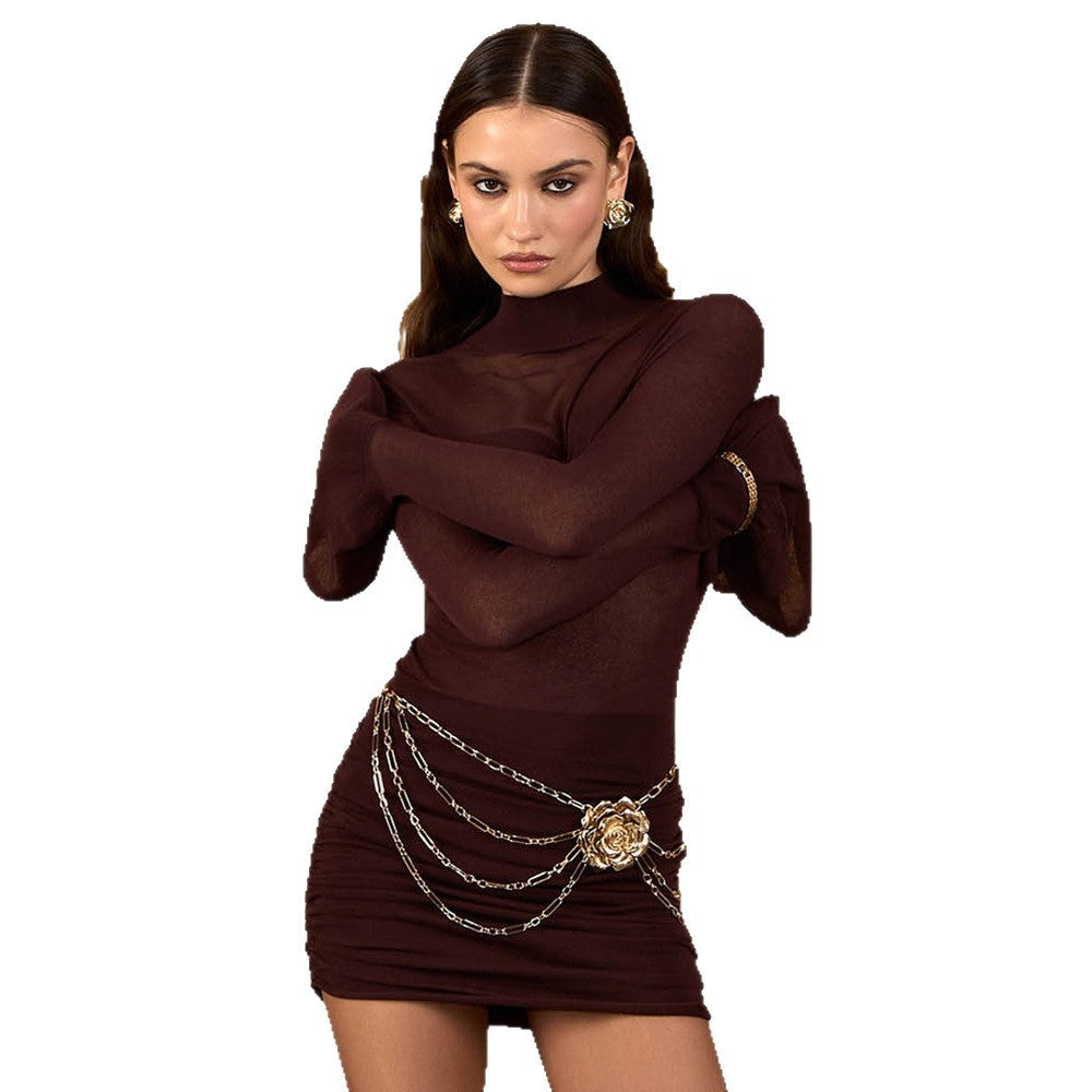 Womens Autumn New Arrival Fashionable Mock-Neck Flared Long-Sleeve Dress