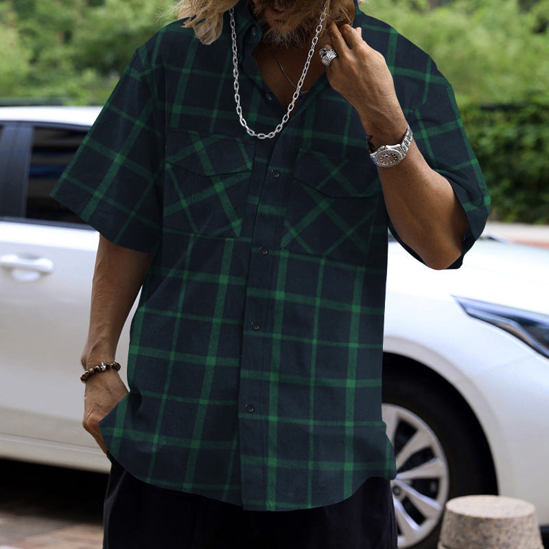 Trendy Checkered Patchwork Button-up Casual Sport Short Sleeve Shirt