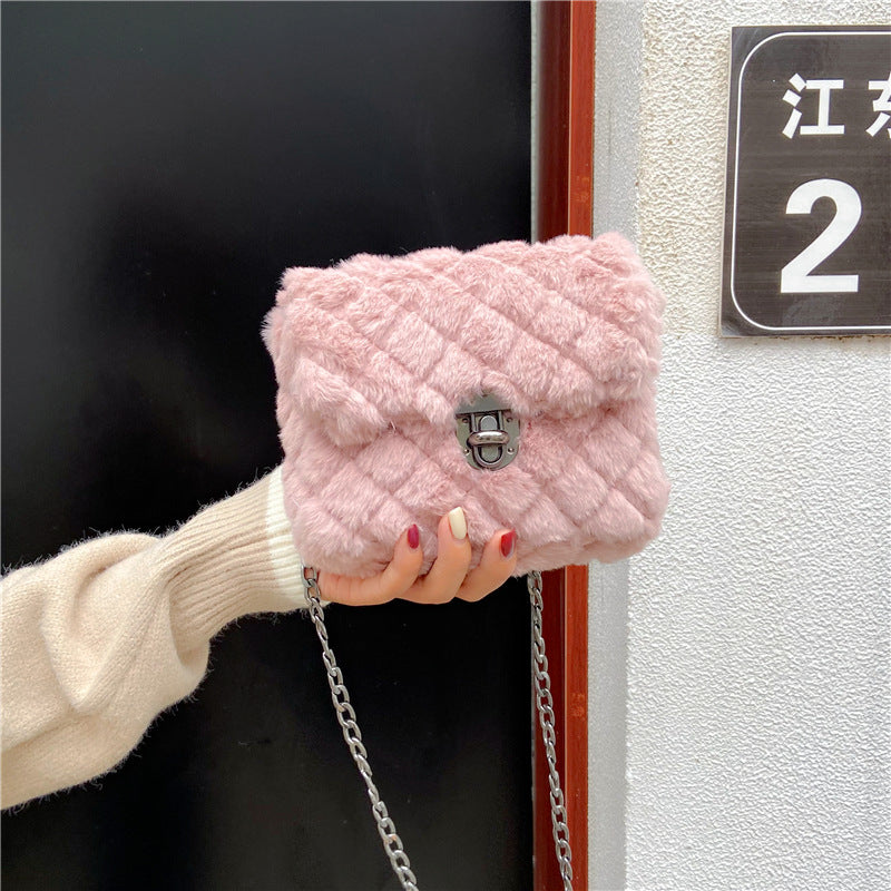 Lingge Rabbit Hair Women's New Versatile Chain One Shoulder Crossbody Bag