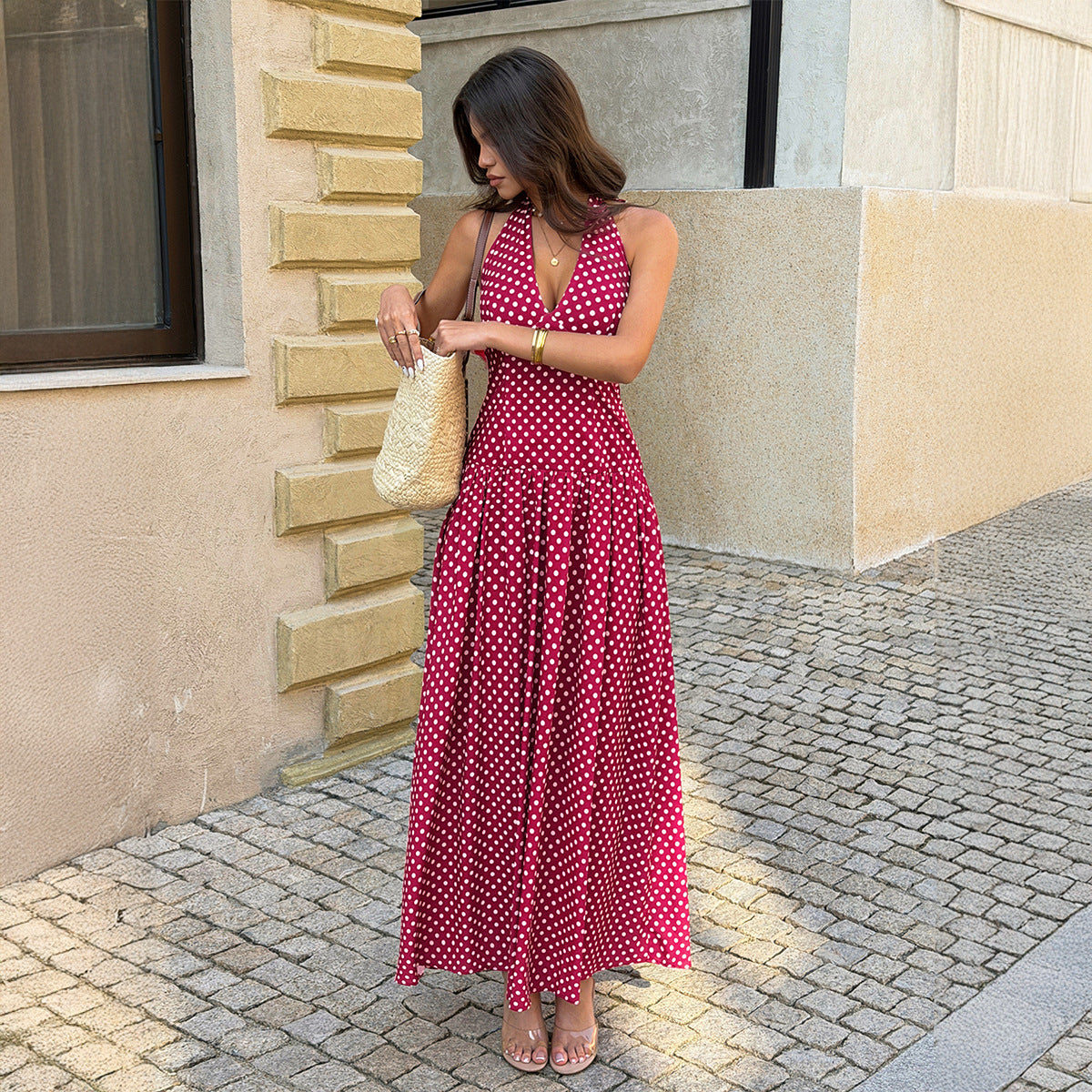 Resort-style Halter-neck Polka-dot Waist-cinched Dress