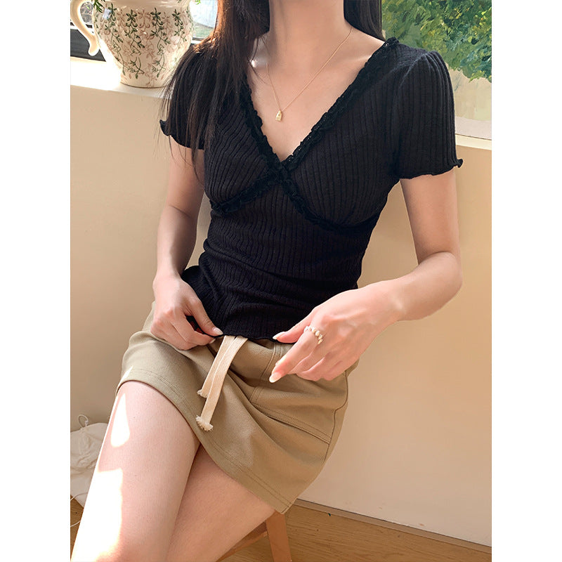 Dame Blonde V-hals Kortærmet T-shirt Slim-fit Croptop