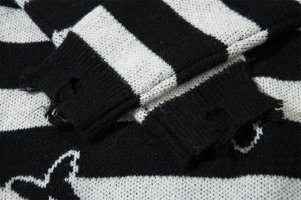 Stribet Kontrastfarvet Sommerfugl Rund Hals Sweater Efterår Og Vinter