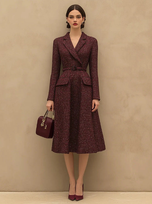 Retro Elegant Red Tweed Skirt With A Lapel Neckline
