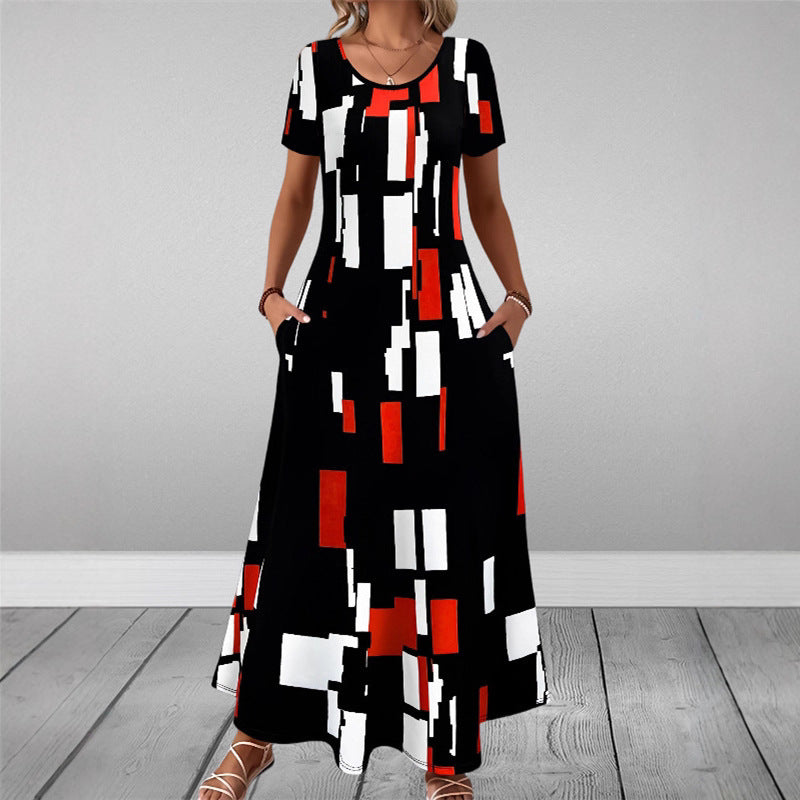 Round-neck Short-sleeve Printed Dress With Patch Pockets