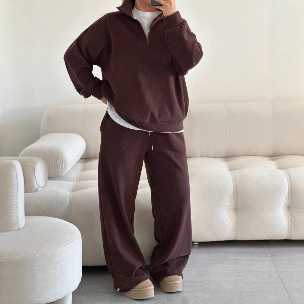 Fashionable Half-Open Collar Long-Sleeve Hoodie And Pants Casual Set