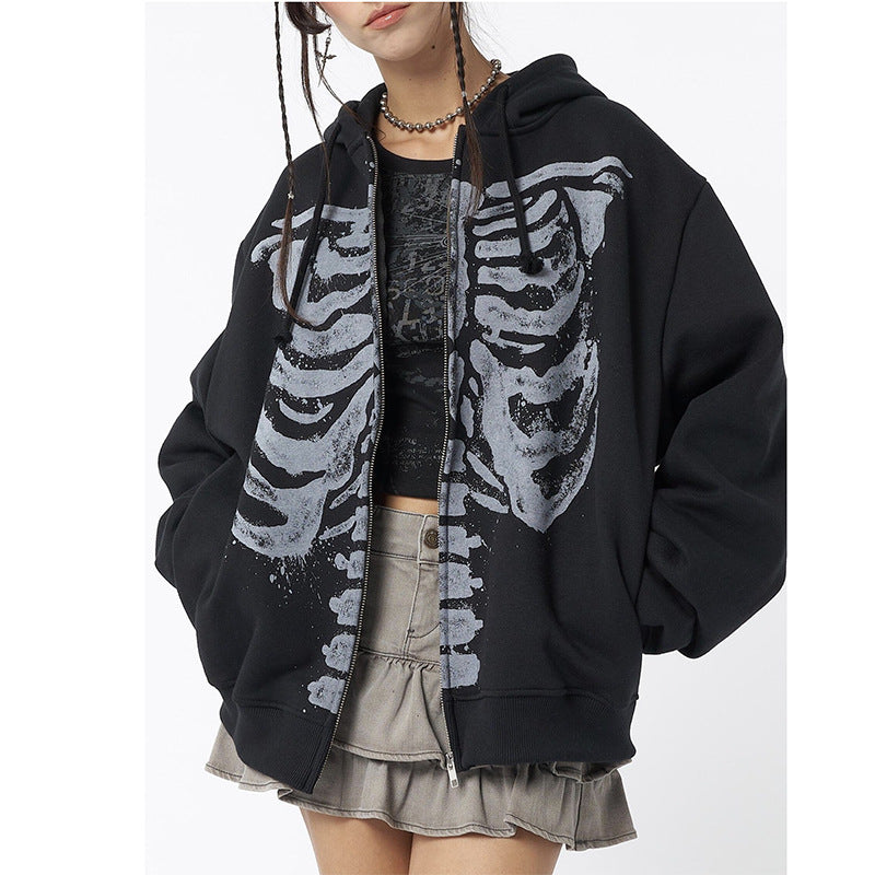 Skeleton Long Sleeve Round Neck Cardigan Printed Loose Sweatshirt
