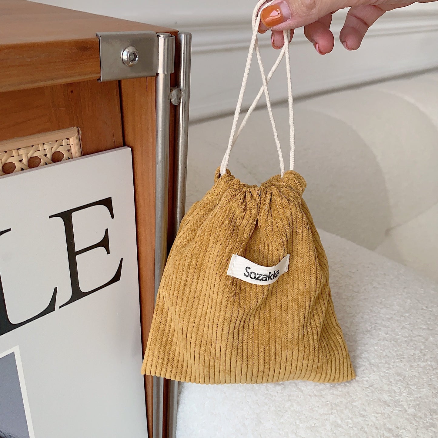 Solid Color Corduroy Buggy Bag Drawstring Bundle Cosmetic Bag