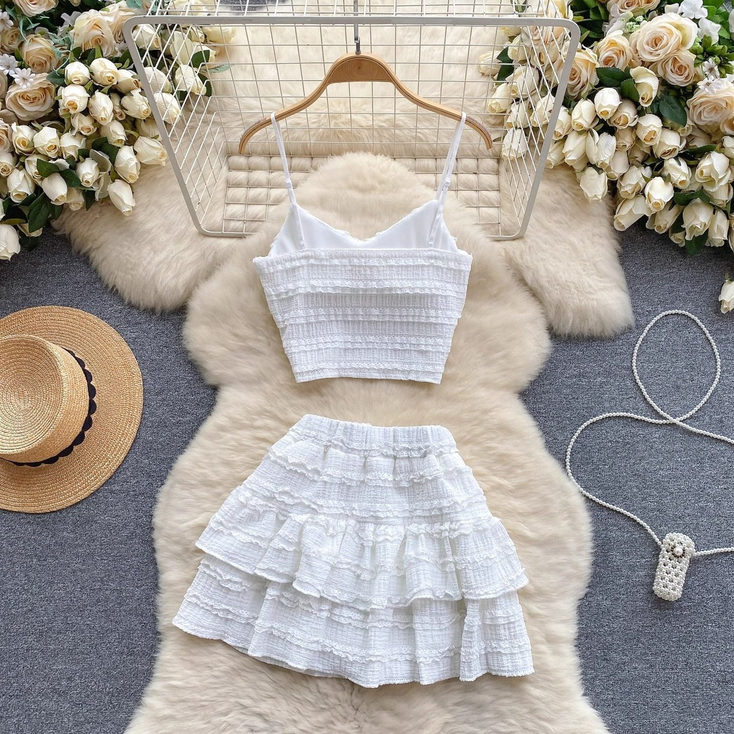 Lace Camisole And Ruffled Short Skirt Set