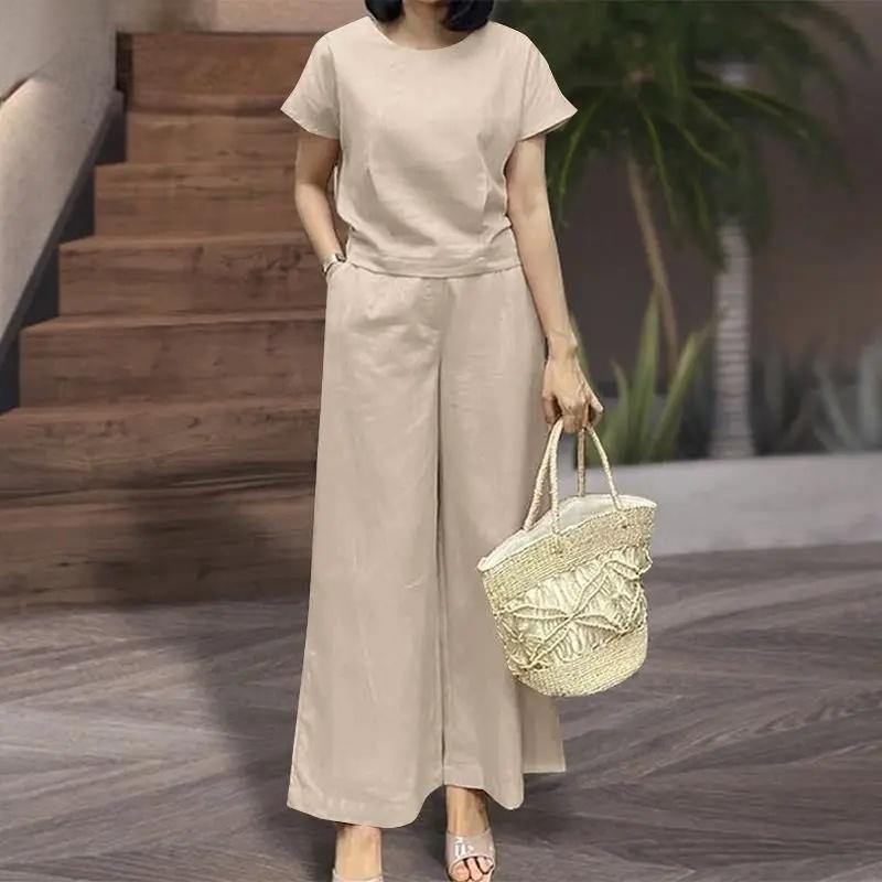 Womens Short-Sleeve Sporty Casual Set Cropped Loose Top And Cropped Pants Two-Piece Set