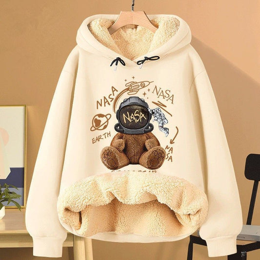 Extra Thick Lambswool Hooded Sweatshirt For Women Fleece Lined And Loose Fitting