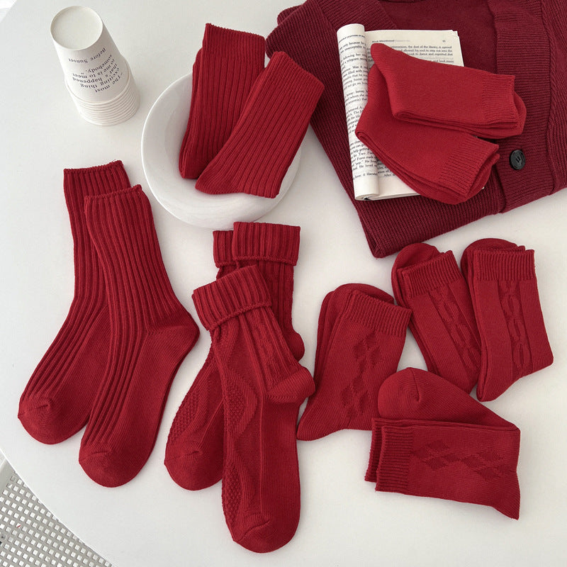 Women's Red Middle Tube Cotton Socks