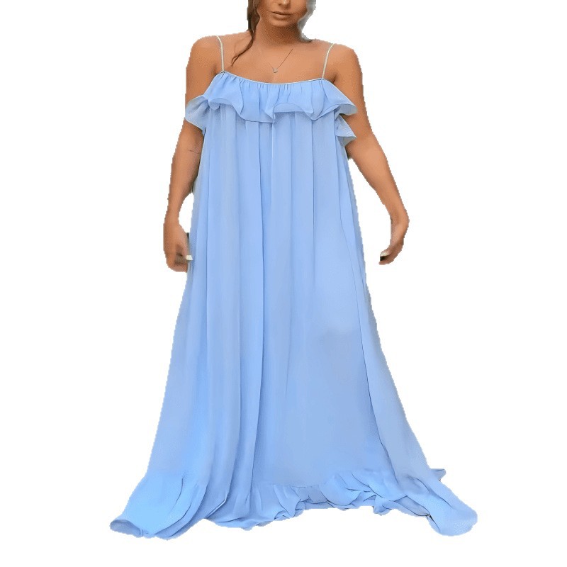 Off-the-shoulder Slip Dress With A Flared Ruffled Hem That Creates A Slimming Silhouette