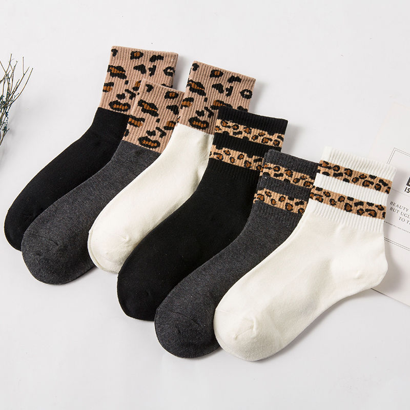 Leopard Print Women's Mid Tube Stockings Bunching Socks