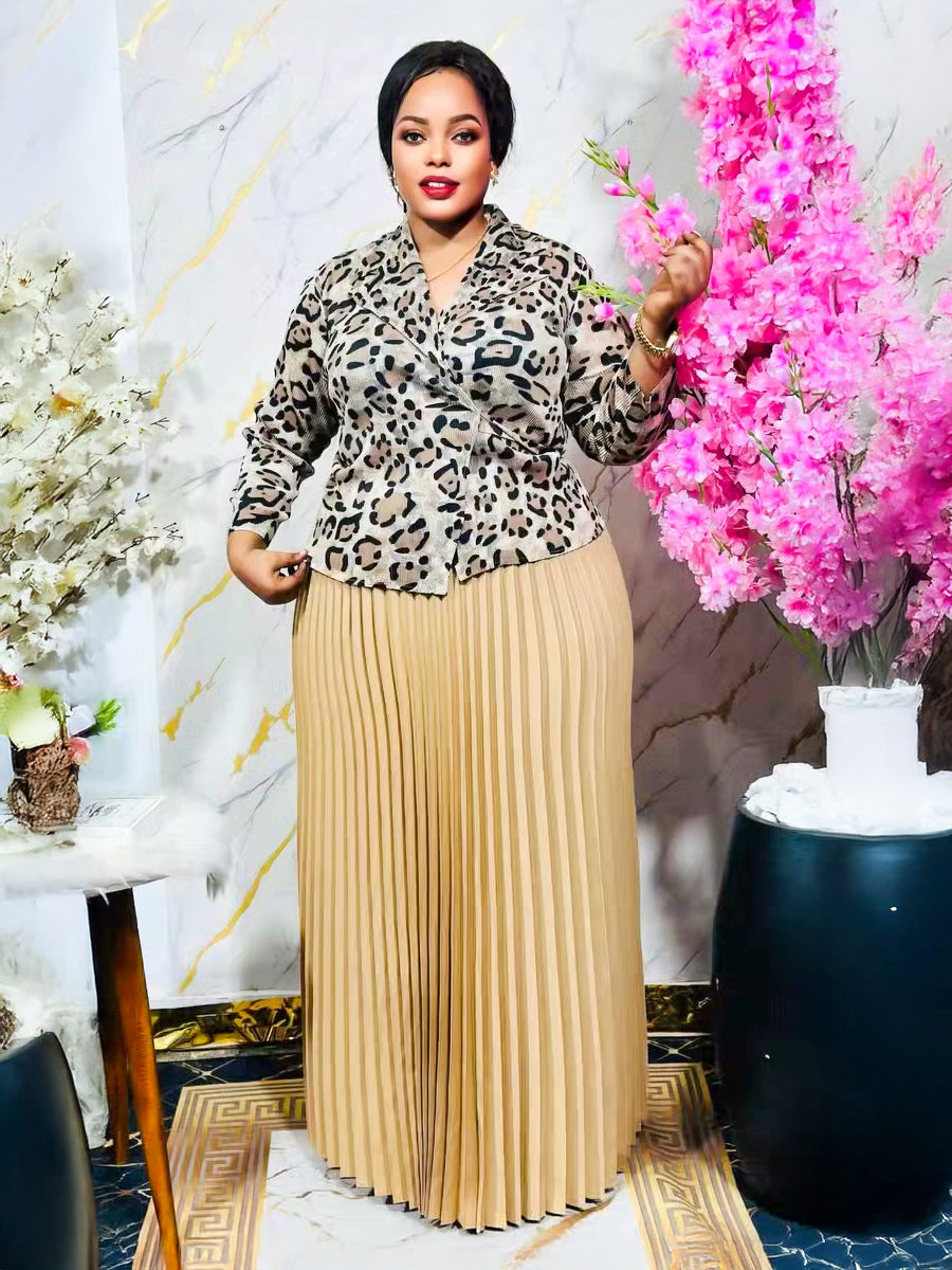 Plus Size Slightly Fat Women's Clothing Printed Long-sleeved Top Pleated Skirt