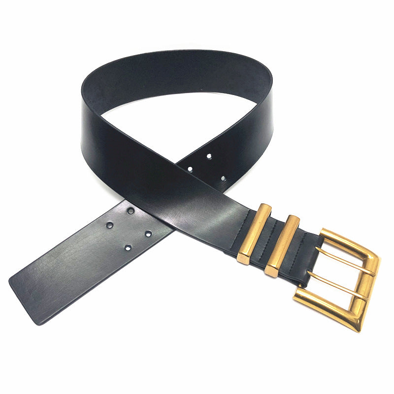 Leather pin buckle girdle ultra-wide two-layer leather retro belt