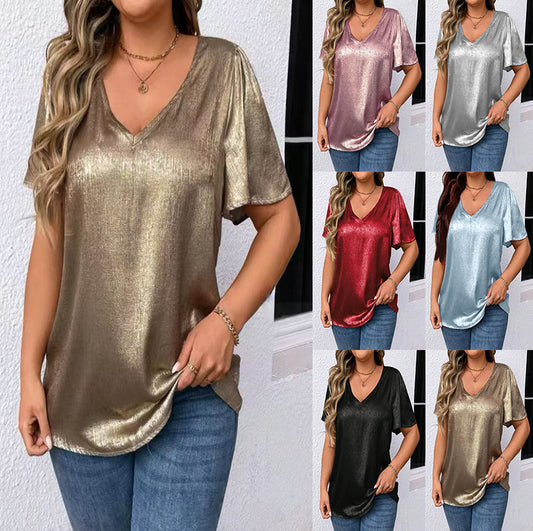 Loose-fit V-neck Solid-color Short-sleeve Top