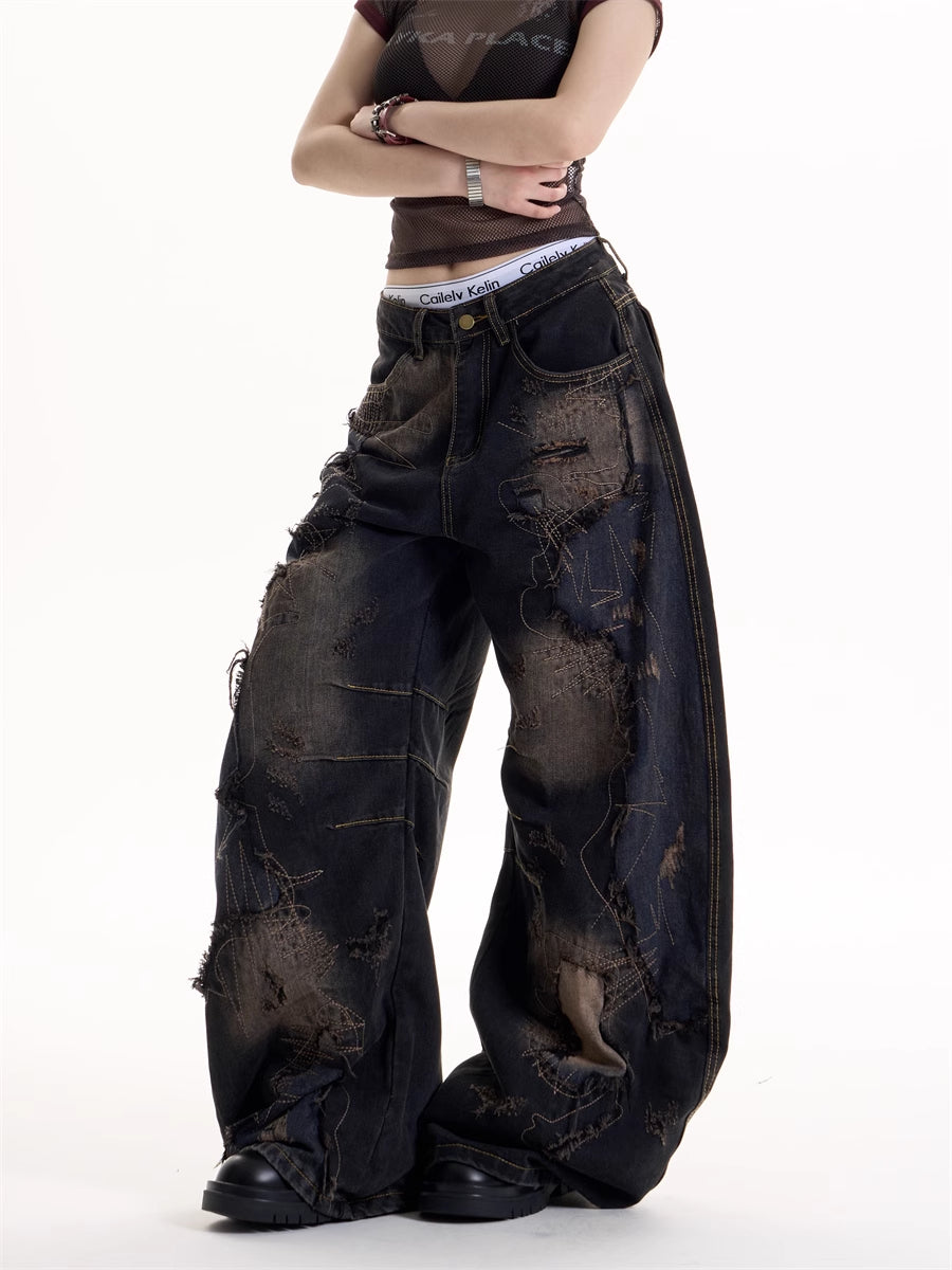 American Retro Hot Girl Wind Black Tie-dyed Ripped Jeans