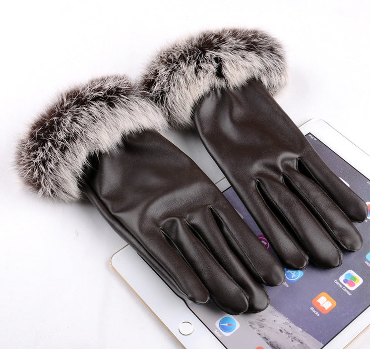 Touch Screen Leather Warm And Velvet Fashion  Leather Gloves