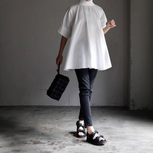 White Loose Bubble Sleeve Stand Collar Short Shirt