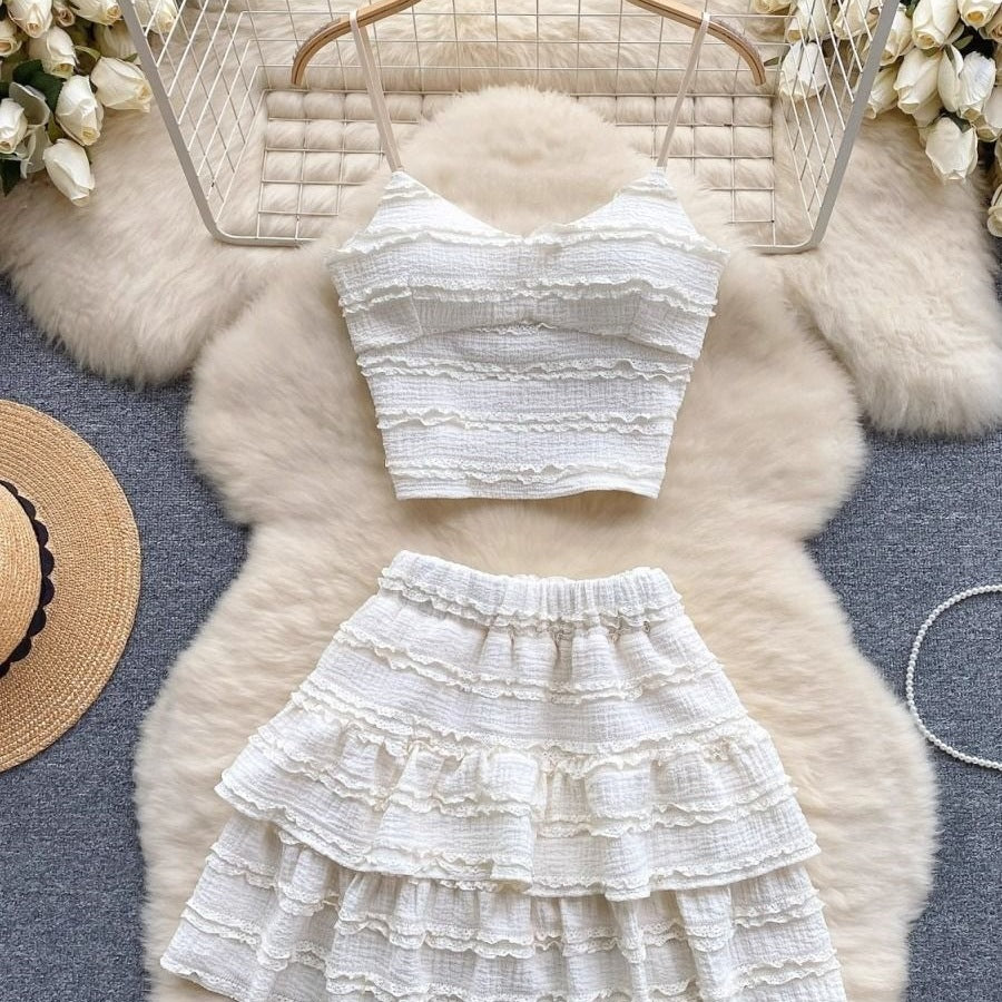Lace Camisole And Ruffled Short Skirt Set