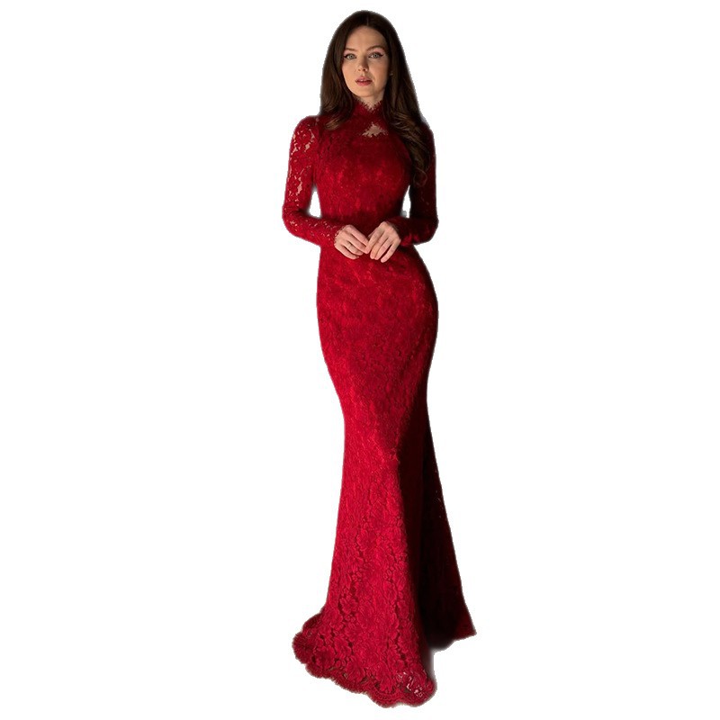 Womens Fashion High-Neck Long-Sleeve Lace Dress