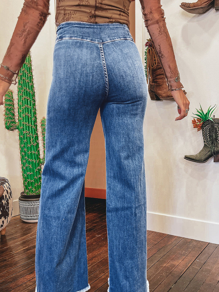 Trendy Slim-fit High-waist Solid-color Ripped Hem Jeans For Women