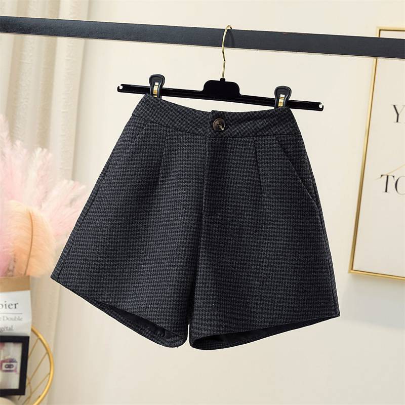 Women's Autumn And Winter Woolen High-waisted Wide-leg Houndstooth Shorts