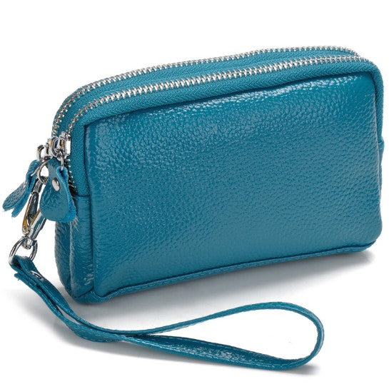 Cowhide double zipper small lady pocket handbag mini mobile bag