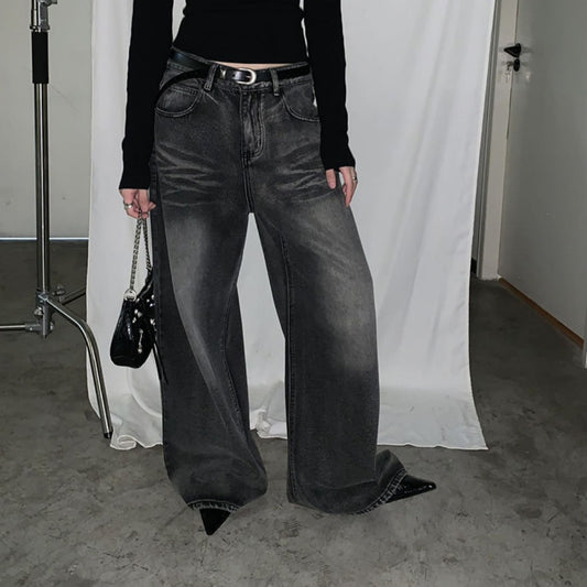Gamle retro-vaskede højtaljede casual jeans med brede ben