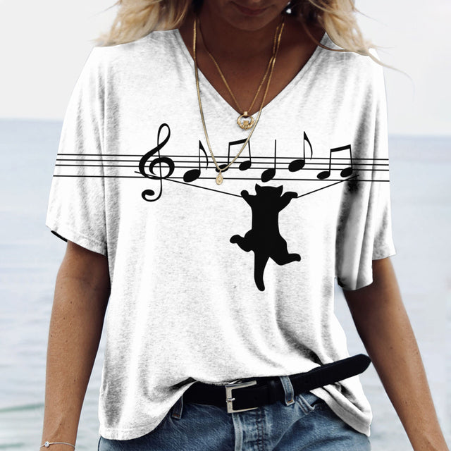 Cartoon Cat V Neck Women's T-shirts Cute Cat Print Short