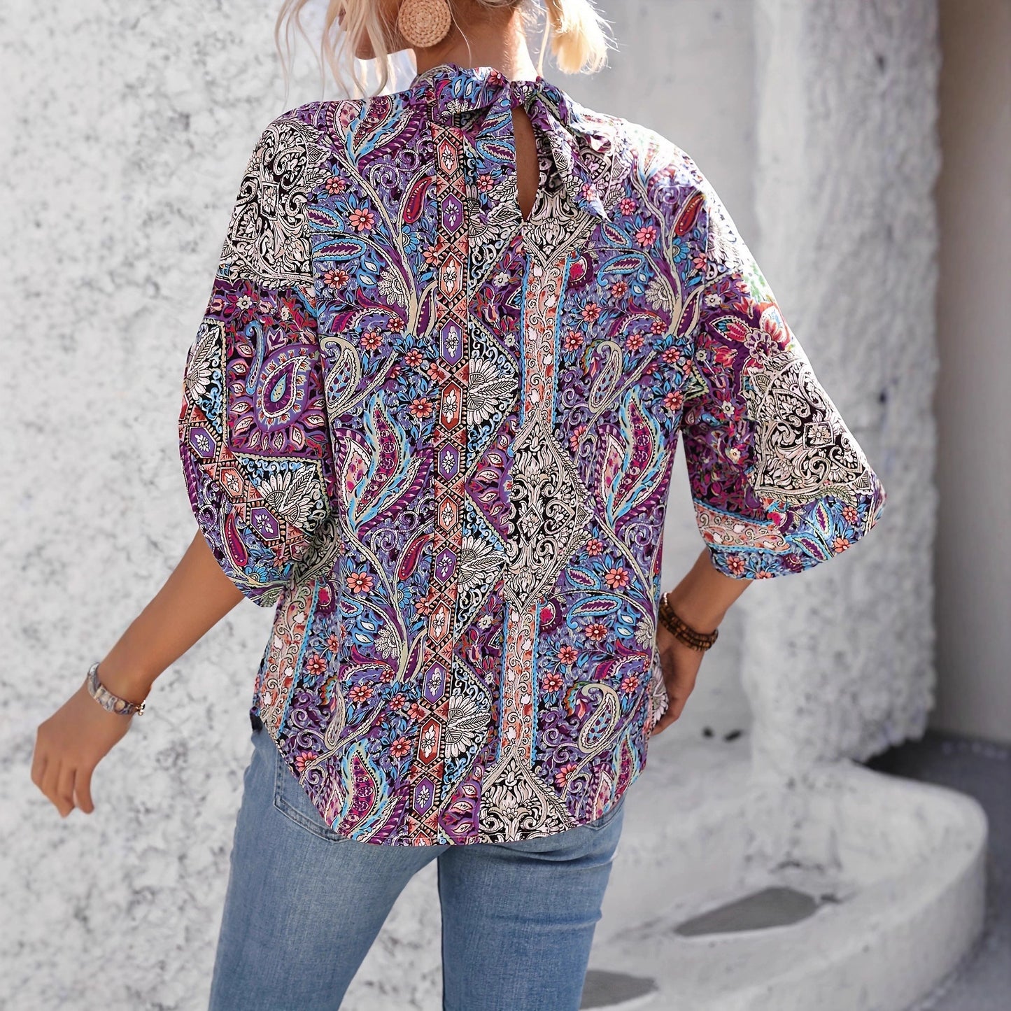 Paisley-print V-neck Loose-fit Long-sleeve Womens Blouseundershirt