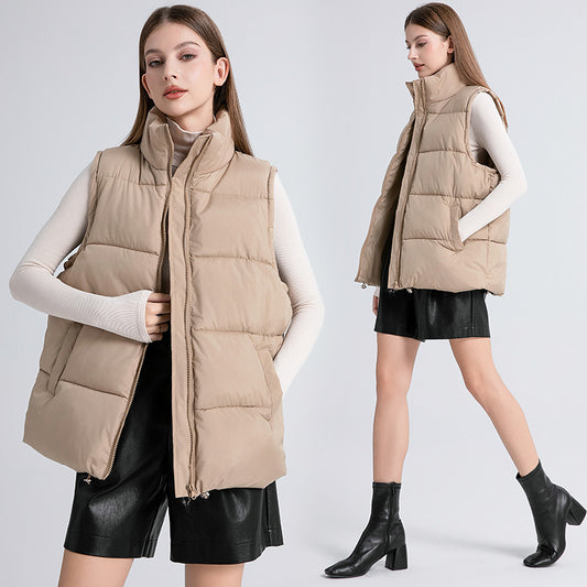 Women's Sleeveless Mid-length Stand-up Collar Thermal Down Cotton Thickened Vest