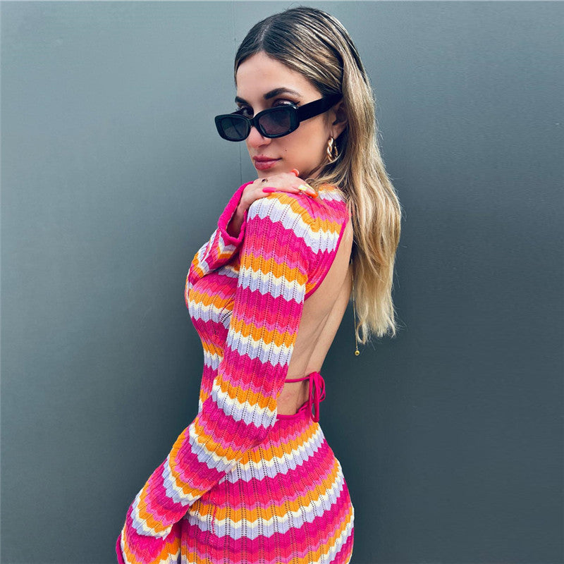 Contrast Stripe Backless Long-Sleeve Knit Dress