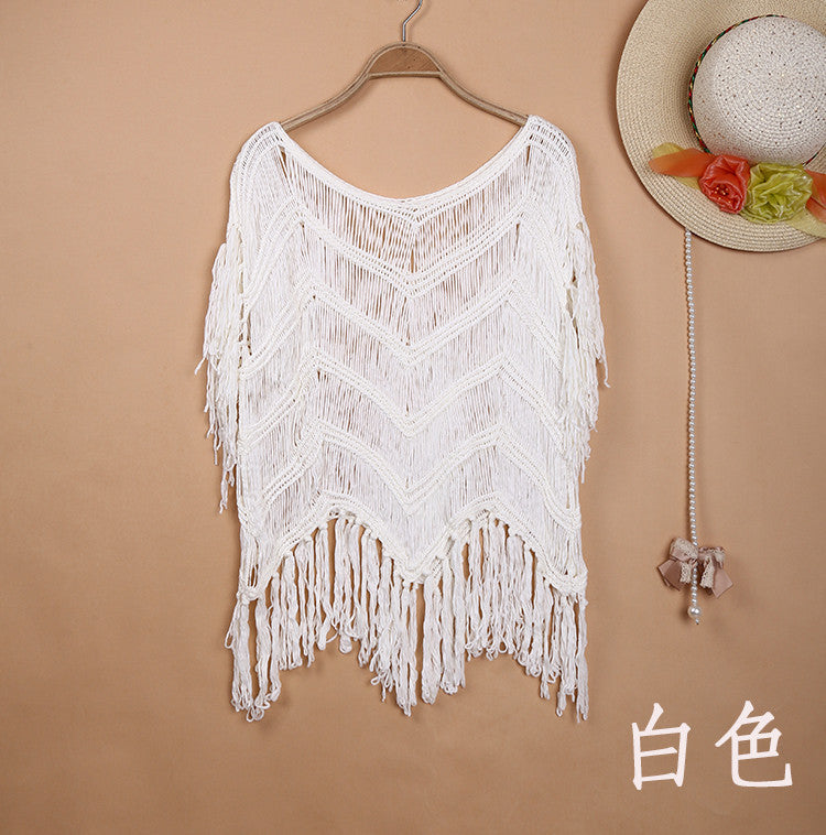 Bohemian Beach Cover-up Hollow Hand Crocheting Tassel Patchwork Top