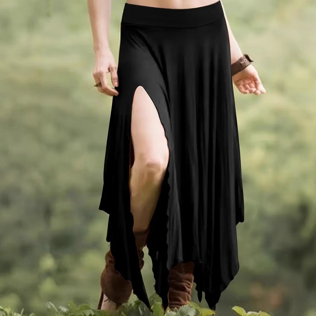 Womens Solid-Color Irregular Elastic-Waist Skirt