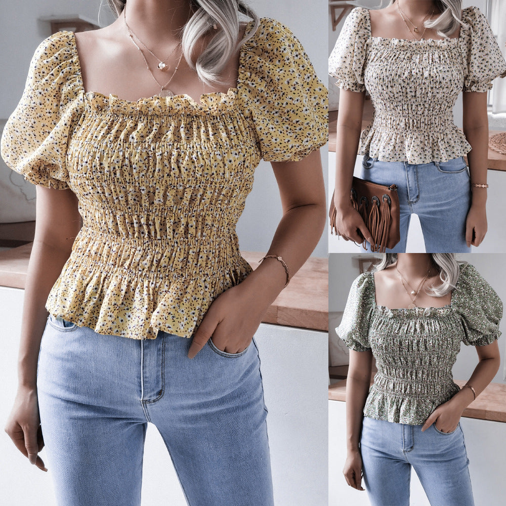 Square Neck Lantern Sleeve Ruffle Floral Chiffon Shirt Top