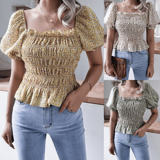 Square Neck Lantern Sleeve Ruffle Floral Chiffon Shirt Top