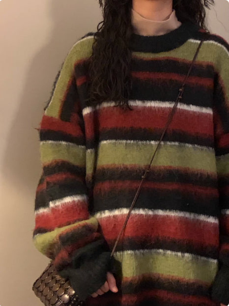 Retro Loose Contrast Color Striped Idle Style Round Neck Sweater