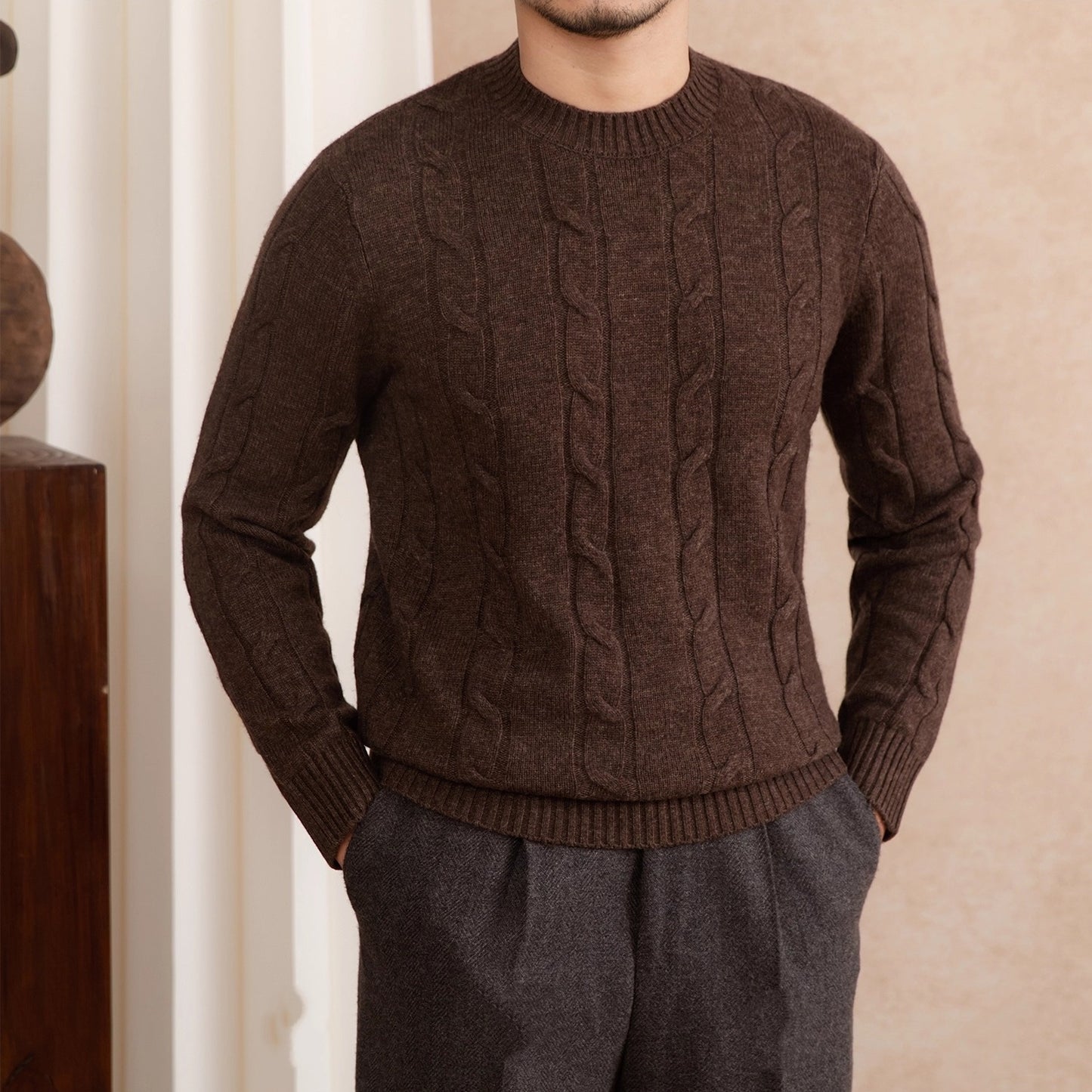 Wool Knitted Twisted Round Neck Pullover Long Sleeve Sweater