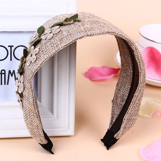 European and American personality new headdress garland fashion hairpin linen flower extra wide headband plant rhinestone hair band