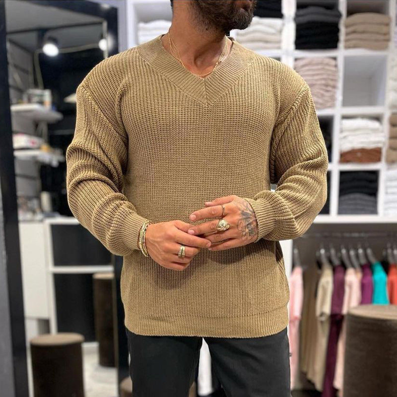 Men's Long-sleeved V-neck Solid Color Sweater