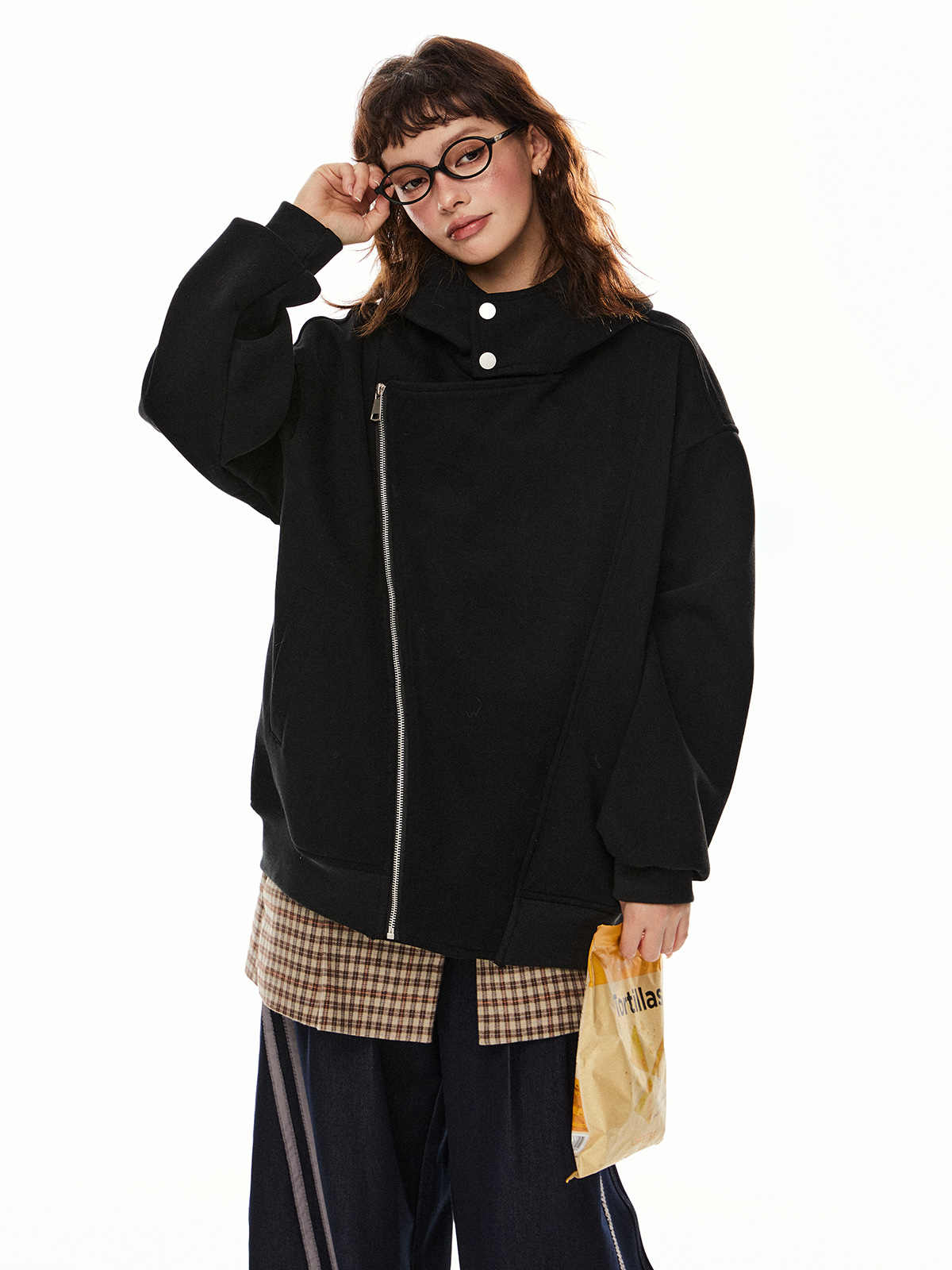 Retro cardigan med dobbelt lynlås, hættetrøje, uregelmæssig jakke til kvinder