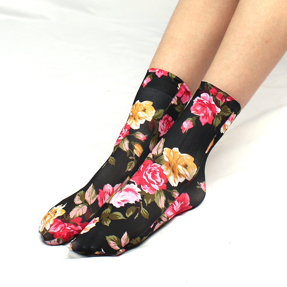 Leopardmønster Store Blomstertrykte Flerfarvede Sokker Sexet Piget Stil Sommer Åndbare Anti-løb
