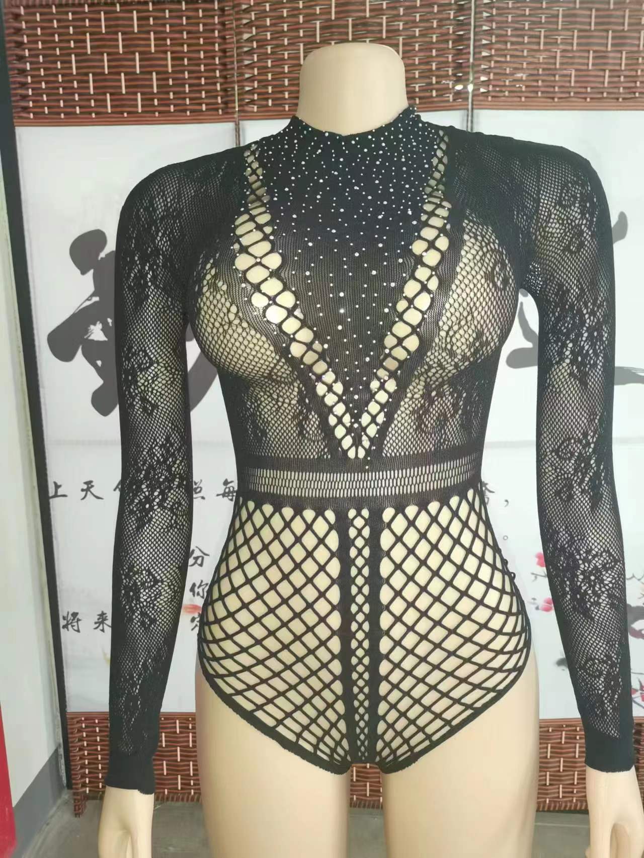 Women's Rhinestone Long Sleeve Fishnet Clothes