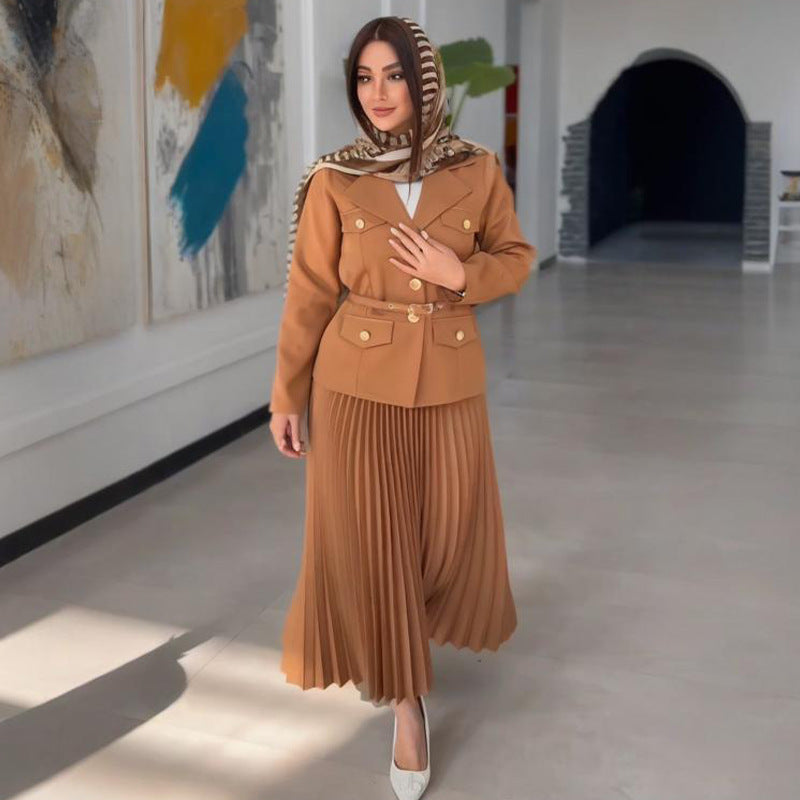 Womens Fashionable Buttoned Blazer And Skirt Set