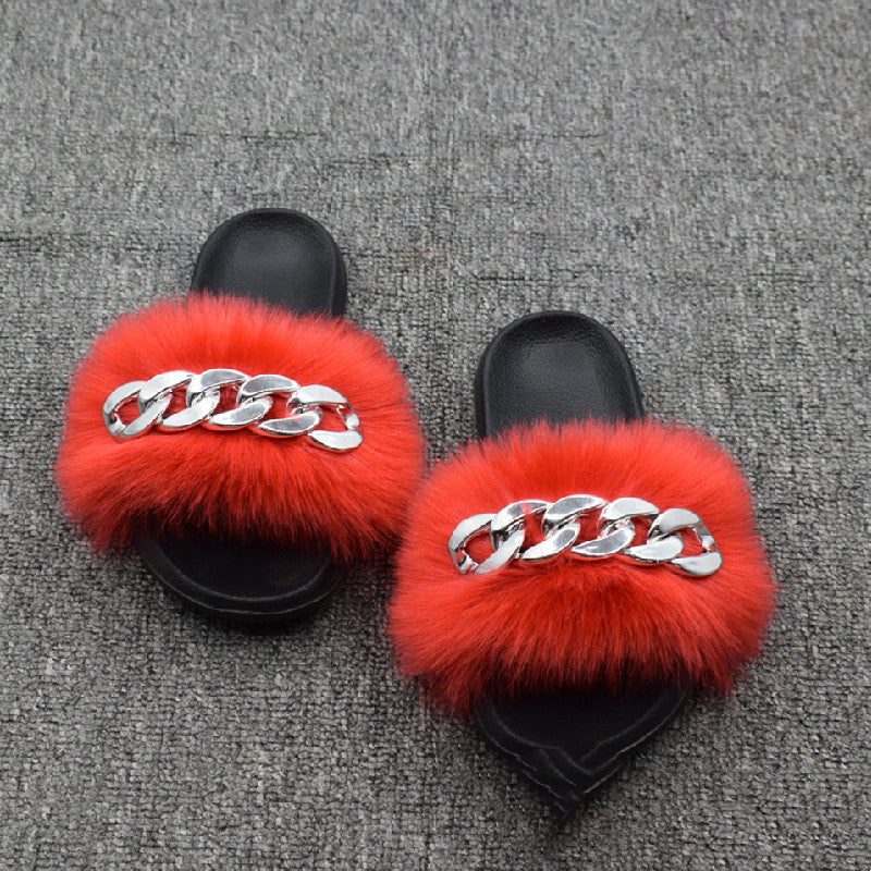 Fur Fur Slippers Chain Faux Fur Flip Flops