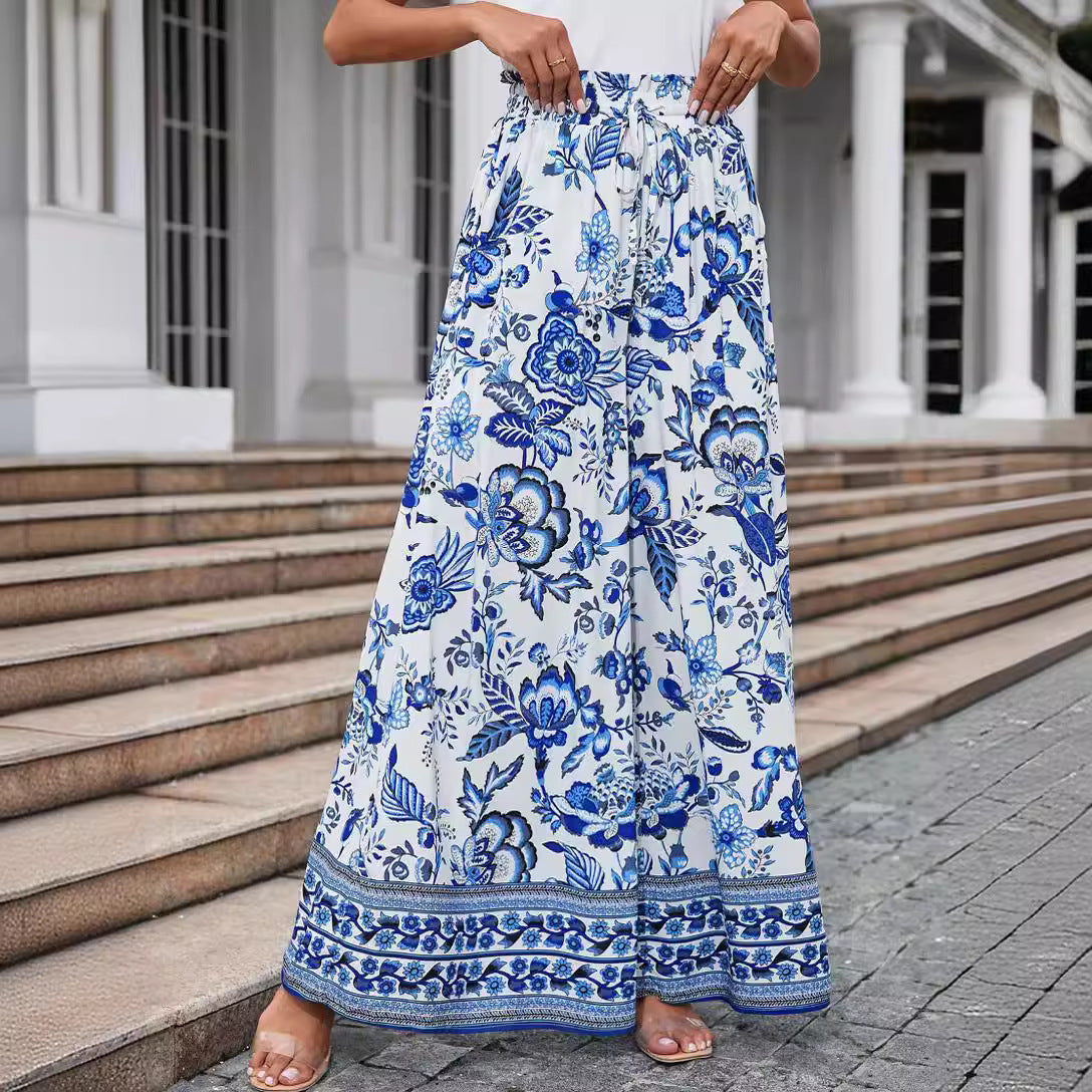Flowers Printed Wide-leg Trousers Summer Casual Straight Pnats For Women Beach Clothing
